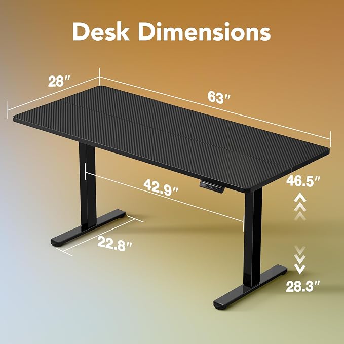 HUANUO Electric Standing Desk, 63" x 28" Height Adjustable Desk, 4 Memory Height Settings, Sit to Stand Up Desk for Home Office, with Headphone Hook, Cable Manager, Carbon Fiber Black