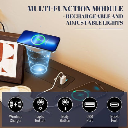 LVSOMT Black Bedroom Nightstand with Charging Station and LED Lights, Modern Bedside Table with Hidded Drawer, Smart Night Stand with Open Storage Shelf, USB Port, Metal Legs