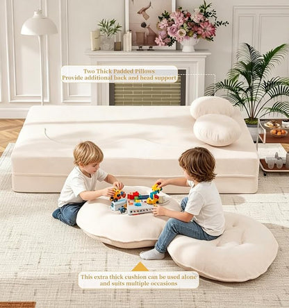 75” Full Size Convertible Sleeper Sofa Bed, Boneless Folding Futon Loveseat Sofa with 2 Pillows, High Density Foam Compressed Foldable Guest Couch for Living Room Apartment (Beige Teddy Velvet)