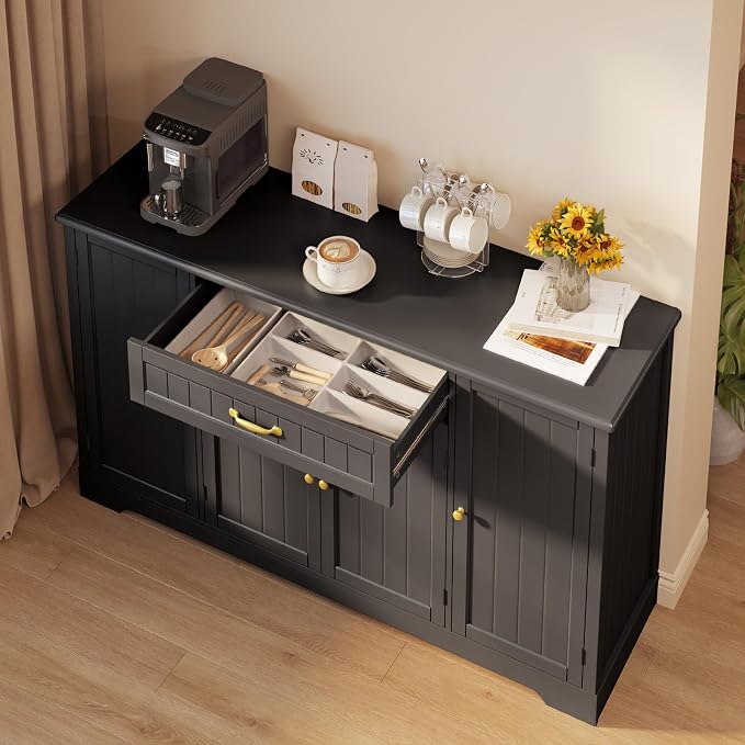 Gizoon 56" Kitchen Coffee Bar Cabinet with Storage Kitchen Sideboard Buffet Cabinet with Drawers, Short Pantry with Door and Shelves for Bathroom and Living Room, Black