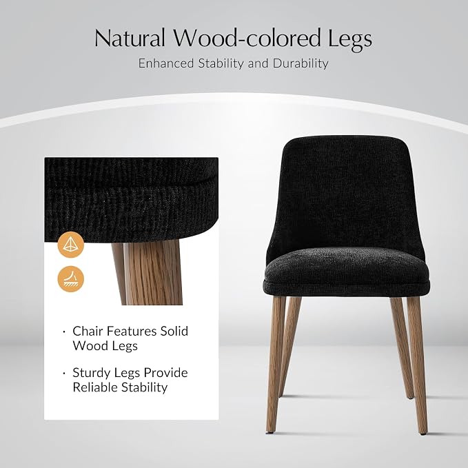 Upholstered Dining Chairs Set of 6, Fabric Dining Room Chairs with Curved Backrest, Solid Wood Legs, Modern Kitchen Chairs for Dining Room Living Room, Black
