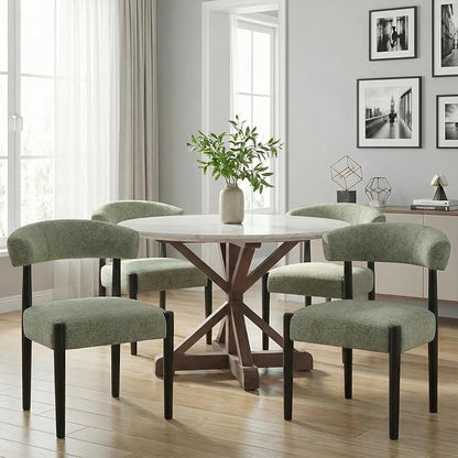 VKNOW Wooden Dining Chairs Set of 2 with Black Rubberwood Legs, Green | Soft Chenille Fabric, Curved Open Back, Thickened Cushion, For Adults and Family, Dining Room, Kitchen, No Wobble