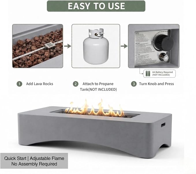 56" Propane Fire Pit Table, 50,000 BTU Rectangular Outdoor Gas Fire Pit, Concrete Patio Fire Table with Tank Seat, Lava Rocks & Waterproof Cover for Backyard Deck, Light Grey