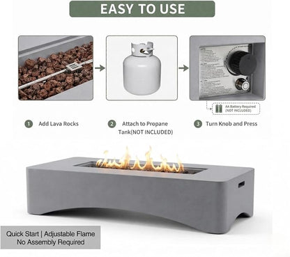 56" Propane Fire Pit Table, 50,000 BTU Rectangular Outdoor Gas Fire Pit, Concrete Patio Fire Table with Tank Seat, Lava Rocks & Waterproof Cover for Backyard Deck, Light Grey