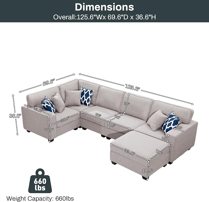 Legend Vansen Oversized Modular Sectional Sofa,U/L‑Shaped Reversible Couch with Ottoman,Deep Seat Plush Polyester Sofa for Living Room,6‑Seater,Light Grey