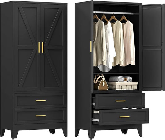 YAUWOH Farmhouse Wardrobe Cabinet with 2 Drawers,Metal Wardrobe Closet with Hanging Rod,Metal Armoire with Adjustable Shelves for Bedroom, Cloak Room,Office (Blakc)