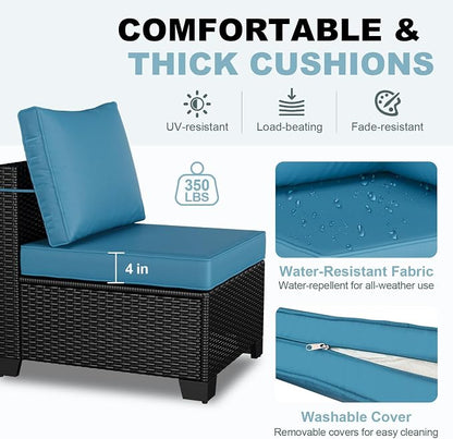Outdoor Patio Furniture Set, Wicker Patio Chairs with Thick Cushions (Coffee and Peacock Blue, 7pcs Sofa Set)