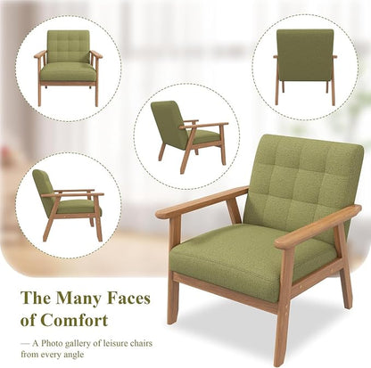 Westice Accent Chair 1PC, Mid-Century Modern Living Room Chairs with Solid Wood Frame & Soft Thicken Cushion, Upholstered Reading Arm Chair for Bedroom, Balcony, Green Linen Fabric & Natural Legs