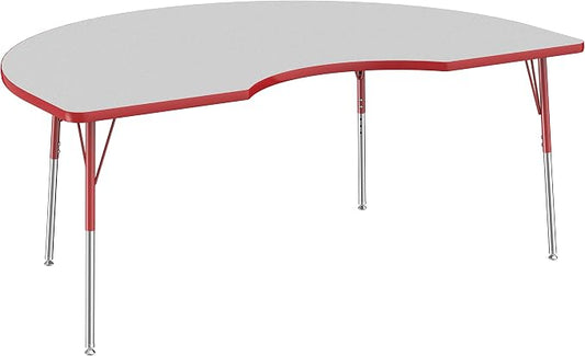 FDP Kidney Activity School and Office Table (48 x 72 inch), Standard Legs with Swivel Glides for Collaborative Seating Environments, Adjustable Height 19-30 inches - Gray Top and Red Edge