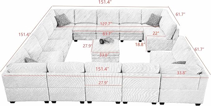Legend Vansen Oversized Modular Sectional Sofa,16 Seat U Shaped Couch with Ottoman,Corduroy Sofa with Deep Seat,Convertible Large Sectional Couches for Living Room (Cream, U-16)