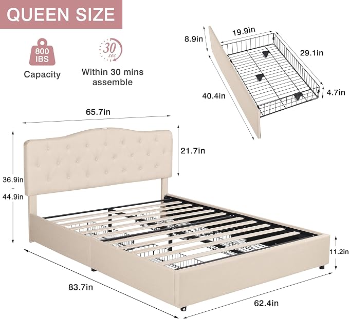 VECELO Queen Size Platform Bed Frame with 4 Storage Drawers,Fabric Upholstered Headboard and Wooden Slats Support,Built-in USB and Type C Ports, No Box Spring Needed,Easy Assembly