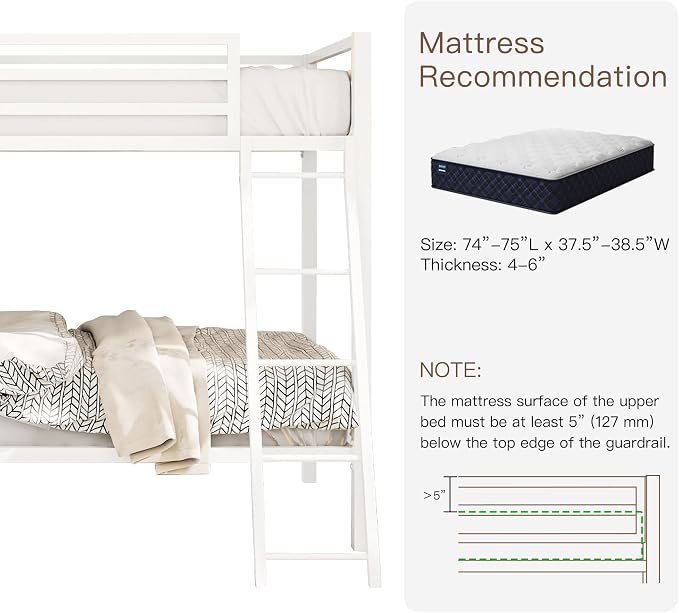 ikalido Metal Loft Bunk Bed Twin Over Twin Size with Ladder, Cream White | Safety Guardrail,No Box Spring Needed, Space Saving Bedroom Furniture