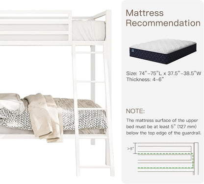 ikalido Metal Loft Bunk Bed Twin Over Twin Size with Ladder, Cream White | Safety Guardrail,No Box Spring Needed, Space Saving Bedroom Furniture
