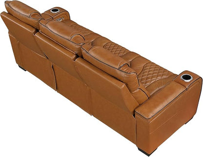 Lexicon Power Double Reclining Sofa, Center Drop-Down Table with Heat/Massage/Headrest/Storage Arms/Cup Holders/LED Lights/Wireless Charging, Top Grain Leather Match Wall Hugger Recliner Sofa, Brown