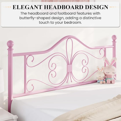SHA CERLIN Full Size Bed Frame for Kids,Metal Bed Frame with Butterfly Pattern Design Headboard and Footboard,No Box Spring Needed,Easy Assembly,Pink