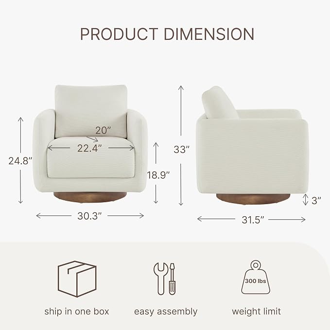 Modern Swivel Accent Chair, 360° Rotating Round Barrel Armchair with Performance Fabric Upholstery for Living Room, Bedroom, Office, Reading Nook, Single,Cream