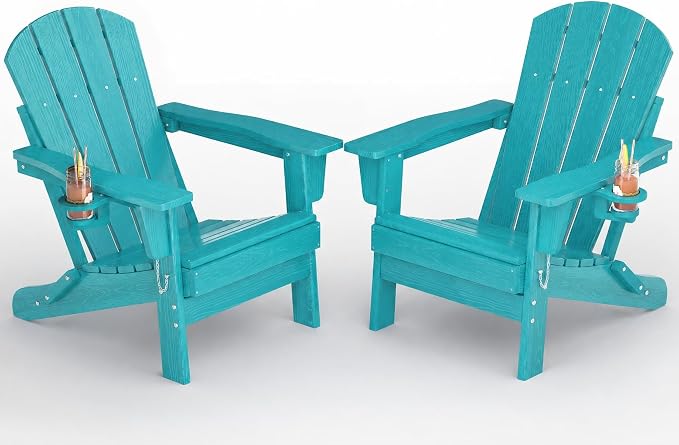 Garvee Folding Adirondack Chair Set of 2, HDPE Outdoor Patio Chair with Cup Holder, All Weather Resistent Wooden Textured for patios, Decks, Gardens, fire Pit, Lake Blue