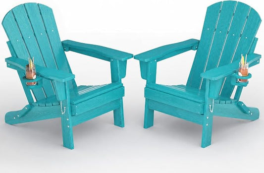 Garvee Folding Adirondack Chair Set of 2, HDPE Outdoor Patio Chair with Cup Holder, All Weather Resistent Wooden Textured for patios, Decks, Gardens, fire Pit, Lake Blue