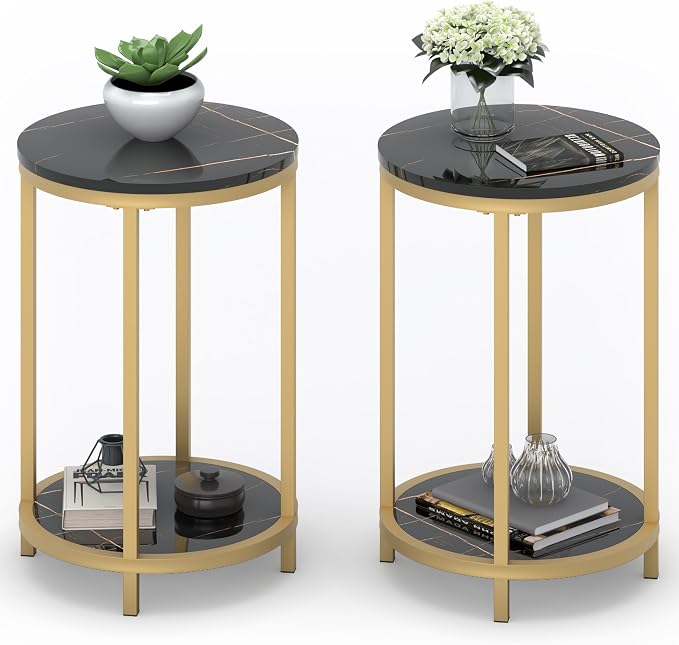 WiberWi Round Side Table Set of 2, Modern Nightstand End Table with Gold Metal Frame &Faux Marble Top, Accent Bedside Table for Living Room Bedroom Small Spaces with Storage Open Shelf,Black