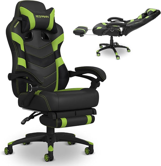 Respawn 110 Pro Ergonomic Gaming Chair with Footrest for Adults - Comfortable Office Gaming Recliner with Lumbar Support and Headrest, Racing Style Video Game Chairs for Computer Gamer - Green