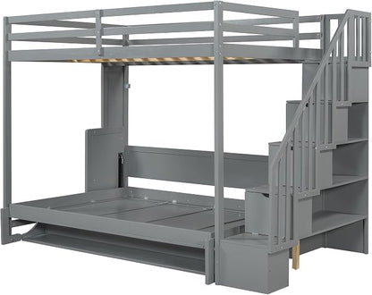 Merax Modern Farmhouse Solid Wood Loft Bed with Murphy Bed Cabinet w/Hydraulic Lift Full Over Full, Wall Bunk Bed with Storage Staircase, Shleves & Desk/Space Saving/Wood Slat Support/Gray