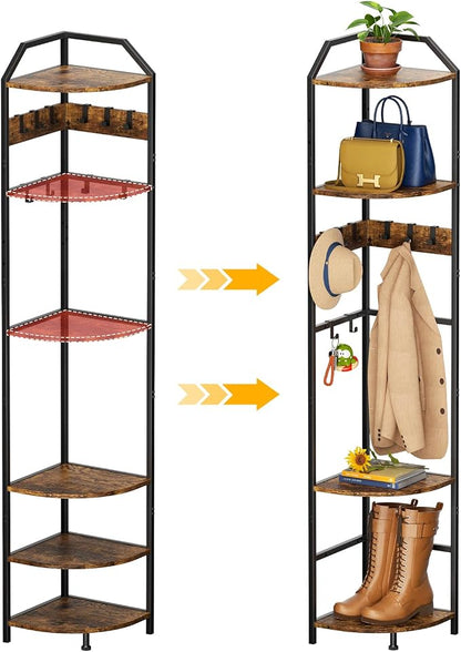 X-cosrack Corner Hall Coat Tree Freestanding with 10 Movable Hook, Shelf-Adjustable Coat Rack Stand for Purse, Hat, Bag and Shoe, Narrow for Small Space Living Room Bedroom Office Entryway Storage