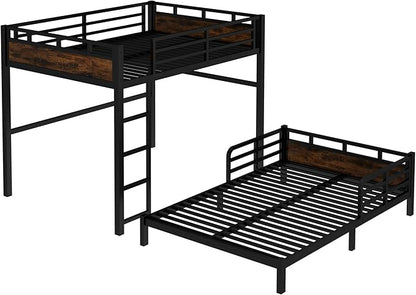 Full Over Full Metal Bunk Bed, Heavy Duty Convertible Bunk Bed Frame with Headboard & Full Guardrails, Can Be Split into Two Platform Beds or Loft Bed, Vintage