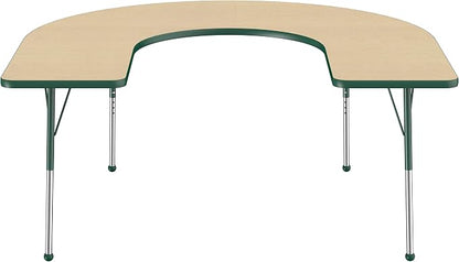 FDP Horseshoe Activity School and Office Table (60 x 66 inch), Standard Legs with Ball Glides for Collaborative Seating Environments, Adjustable Height 19-30 inches - Maple Top and Green Edge