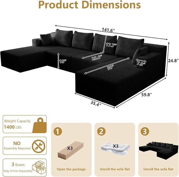 142" Oversized Cloud Modular Sectional Sofa Boneless Couches with Double Chaise Lounge and Deep Seat, Fluffy Corduroy Upholstered Compressed Lounge Sofa & Couches for Living Room