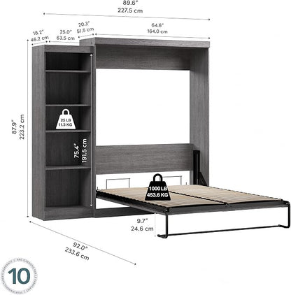 Bestar Pur Queen Murphy Bed with Shelving Unit, 90-inch Space-Saving Sleeping Arrangement for Multipurpose Room in Bark Grey