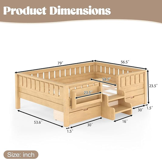 Bellemave Full Size Kids Montessori Bed with Stairs and Bookshelf,Solid Wood Full Size Kids Bed Frame with Drawers and Storage for Girls Boys,Low-Profile,Light Natural