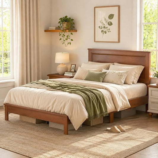 Wood Bed Frames with Headboard, Mid Century Bed Frame with Solid Wood Legs & Wooden Slat Support, Mattress Foundation Bed Base, No Box Spring Needed, (Walnut, Full)