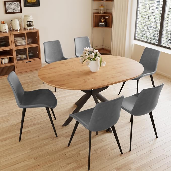 HIPIHOM 43.2"-59.1" Extendable Dining Kitchen Table with 6 PU Chairs | 6 leather chairs included, mid century modern round table, oak MDF top, scratch resistant, space saving design