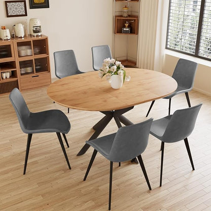HIPIHOM 43.2"-59.1" Extendable Dining Kitchen Table with 6 PU Chairs | 6 leather chairs included, mid century modern round table, oak MDF top, scratch resistant, space saving design