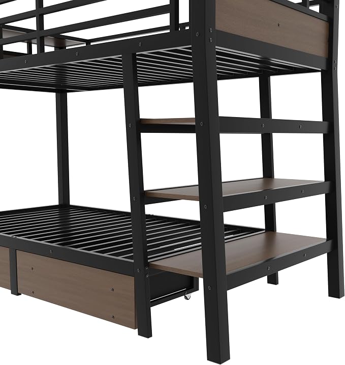 Bellemave Bunk Bed Twin Over Twin，Metal Bunk beds with Storage Shelves, LED Light Strip, and USB Power Strip, Upper Bed with Desk, Black
