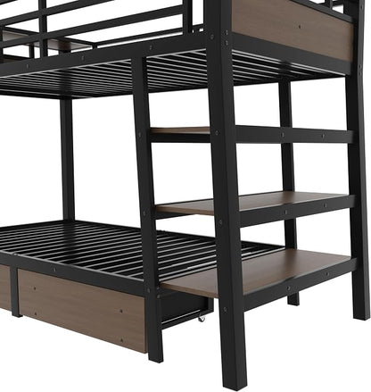 Bellemave Bunk Bed Twin Over Twin，Metal Bunk beds with Storage Shelves, LED Light Strip, and USB Power Strip, Upper Bed with Desk, Black