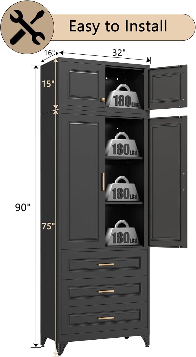 90” Tall Kitchen Pantry Cabinet,Storage Cabinet with Doors and Adjustable Shelves,Modern Kitchen Hutch Cabinets,Freestanding Cupboard for Living Room