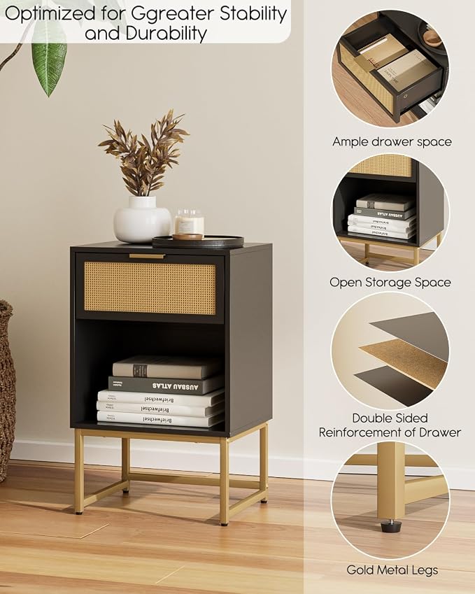 Masupu Rattan Nightstand,Modern Night Stand Boho Farmhouse Wood Bedside Table with Storage Drawer Side End Table for Bedroom, Office,Black