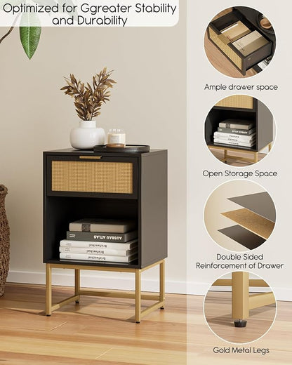 Masupu Rattan Nightstand,Modern Night Stand Boho Farmhouse Wood Bedside Table with Storage Drawer Side End Table for Bedroom, Office,Black