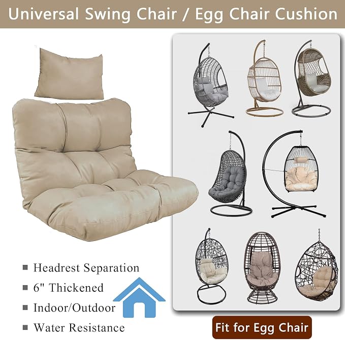 Enipate Outdoor Hanging Egg Chair Cushion, Water-Resistant Tufted Swing Basket Chairs Cushion Pads with Headrest Pillow