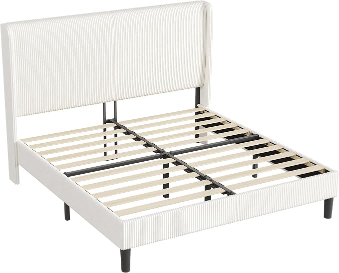 AMERLIFE Queen Bed Frame, Easy Assembly Modern White Bed Frame with Wooden Slats Support, Upholstered Platform Bed with Corduroy Headboard, No Box Spring Needed