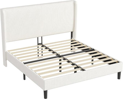 AMERLIFE Queen Bed Frame, Easy Assembly Modern White Bed Frame with Wooden Slats Support, Upholstered Platform Bed with Corduroy Headboard, No Box Spring Needed