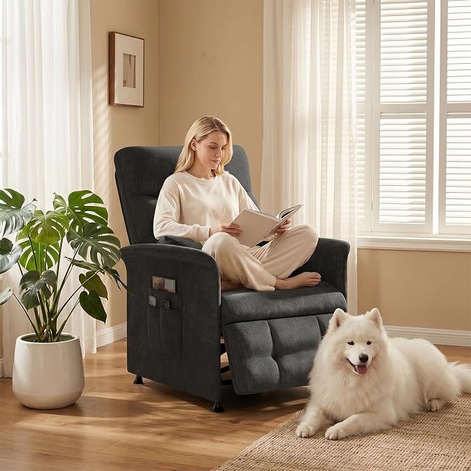 Power Recliner Chair for Adults with Heat & Massage - Soft Fabric Electric Reclining Sofa with Remote Control, 3 Side Pockets, 180° Lay Sleeper for Home Theater Living Room, Black