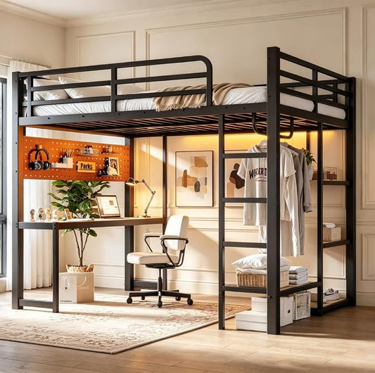 Bellemave Full Size Loft Bed with Desk,with USB Ports, Lights, and Hanging Rod, Cave Board Design, Metal Full Loft Bed Frame for Adults, Kids, Teens, Black