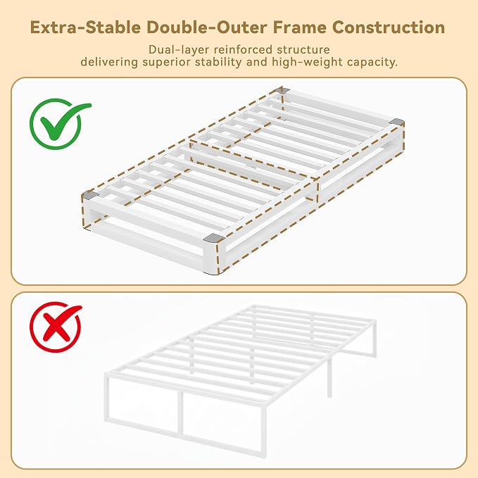6 Inch Twin Bed Frames with Rounded Corner and Squeak Free U-Slot Design, Metal Platform Bed Frames 6 Non-Slip Guards, 3500lbs Heavy Duty Steel Slat Support, No Box Spring Needed, White