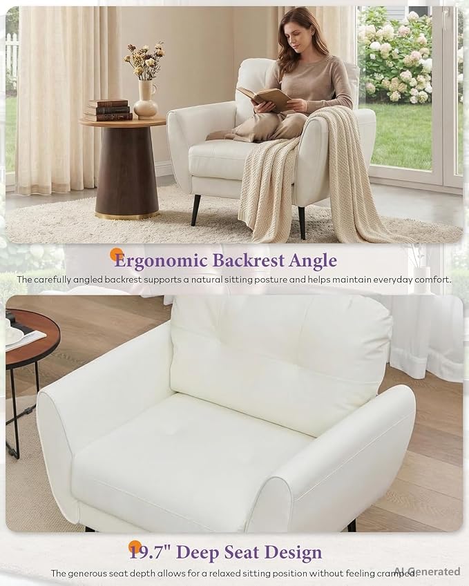 TYBOATLE Accent Chair Comfy Modern Living Room Chair White Leather Reading Accent Chairs Tufted Mid Century Moden Arm Chair Small Salon Chair for Office Bedroom (1, White)