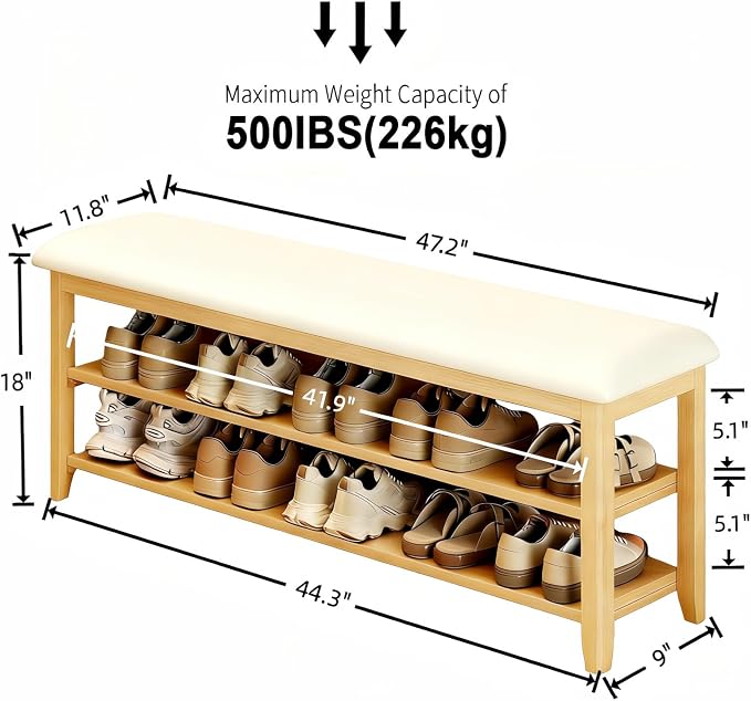 Shoe Bench Storage with Leather Cushion, Rustic Solid Wood Entryway Bench with 2 Height-Adjustable and Removable Shelves for Hallway, Living Room, Mudrooms (Natural Wood,47.2")