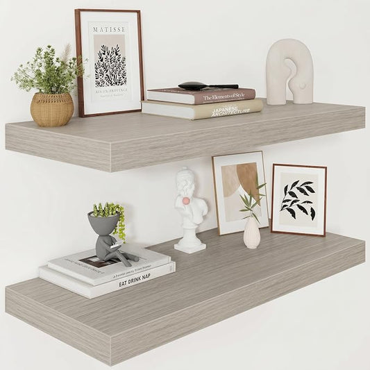 Vivelove 12" Deep Floating Shelves for Wall 30" Long, Wall Shelves for Bedroom Living Room Bathroom Kitchen Laundry Room, Farmhouse Rustic Shelves for Home Decor, 30" X 12" X 2" Set of 2, Grey