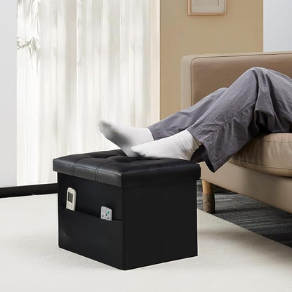 Bsketa Storage Ottoman Foot Rest Stool, Small Leather Storage Ottomans Bench, Folding Footstool with Side Pockets, Foot Rest Under Desk for Living Room Bedroom, 16x12x12 in, Black