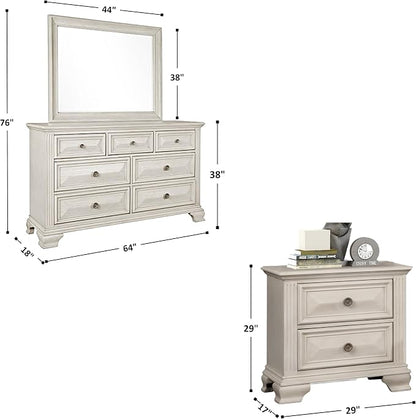 Roundhill Furniture Renova Distressed Parchment Wood Bedroom Set, King Panel Bed, Dresser, Mirror, Two Nightstands